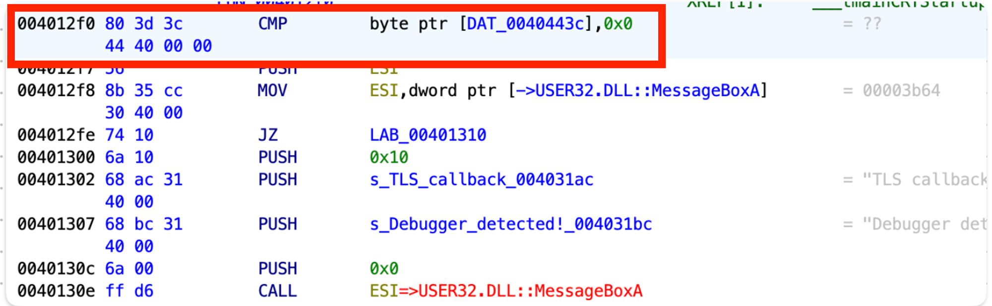 Code for comparing the g_isDebbugerPresent variable