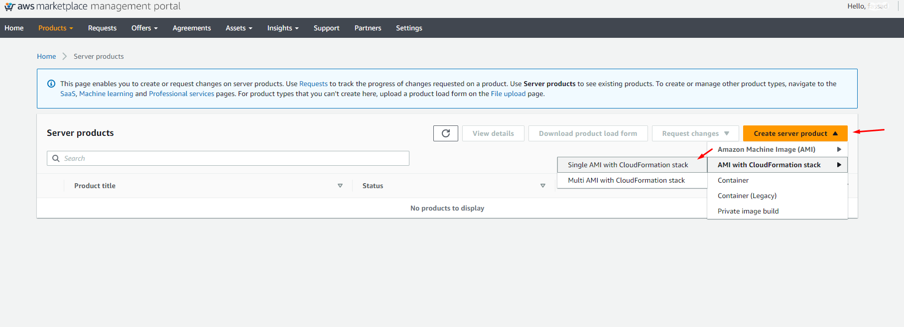Creating a new server product by selecting AMI with CloudFormation Stack