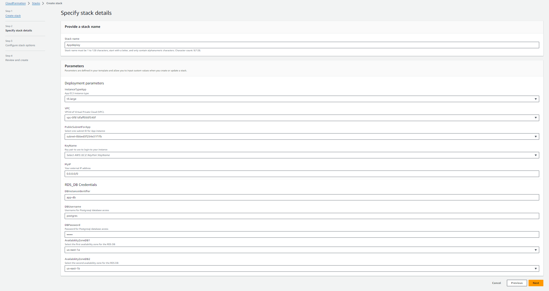 CloudFormation console - Input parameters for the stack 