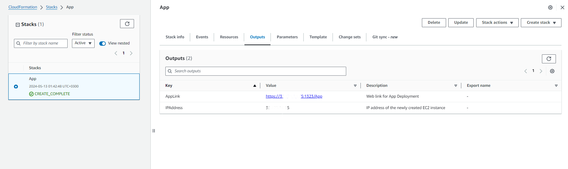 CloudFormation console - Output data for the deployed stack