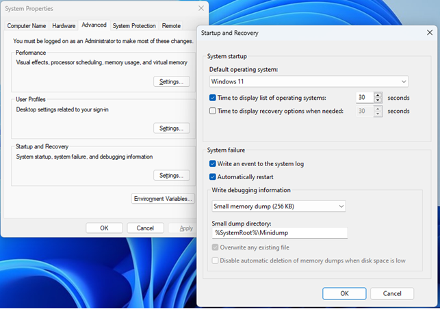 Startup and Recovery settings