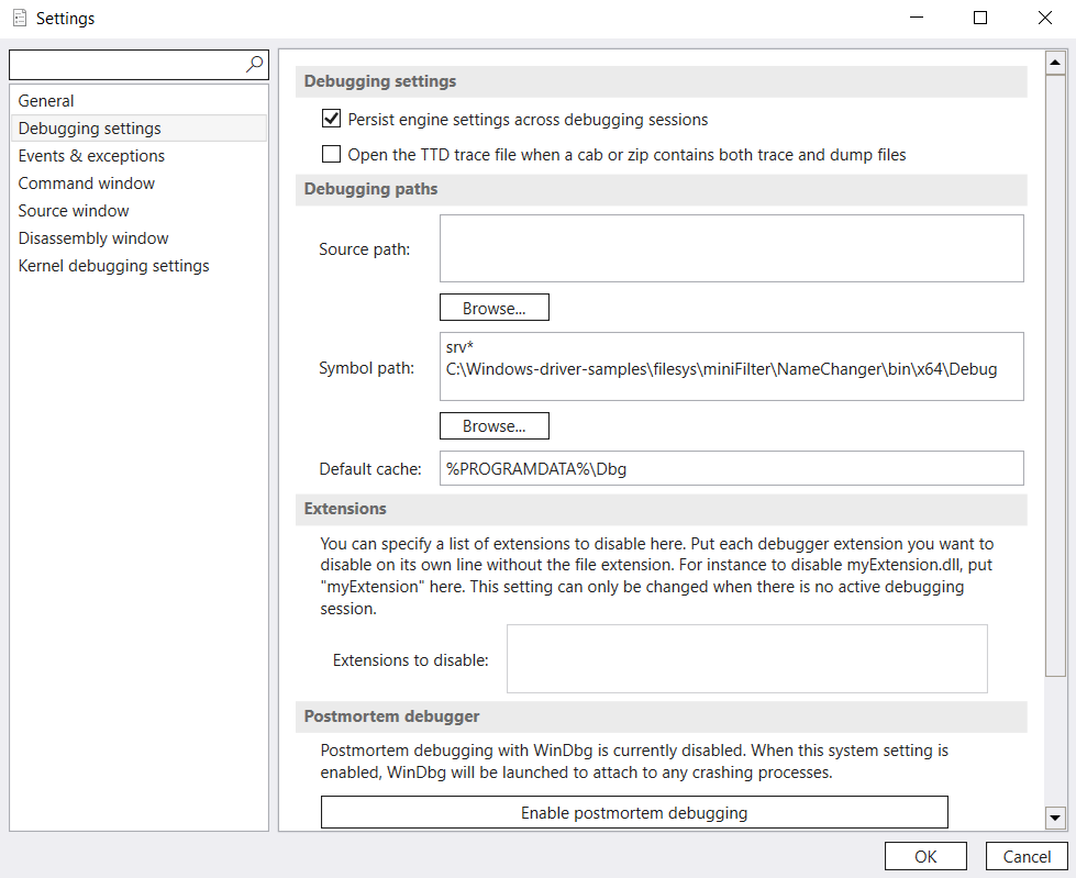 Debugging settings