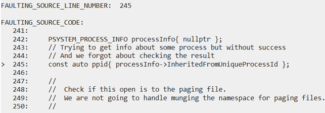 The code location where the error occurred