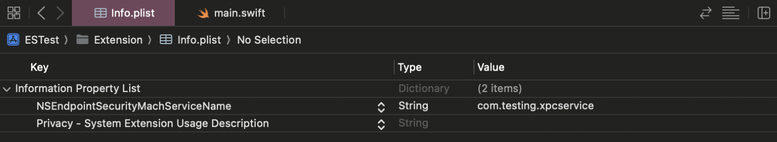 Adding com.testing.xpcservice to Info.plist