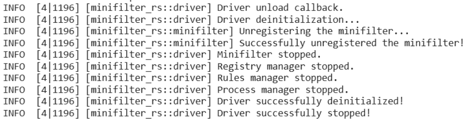 Logs for stopping the minifilter driver